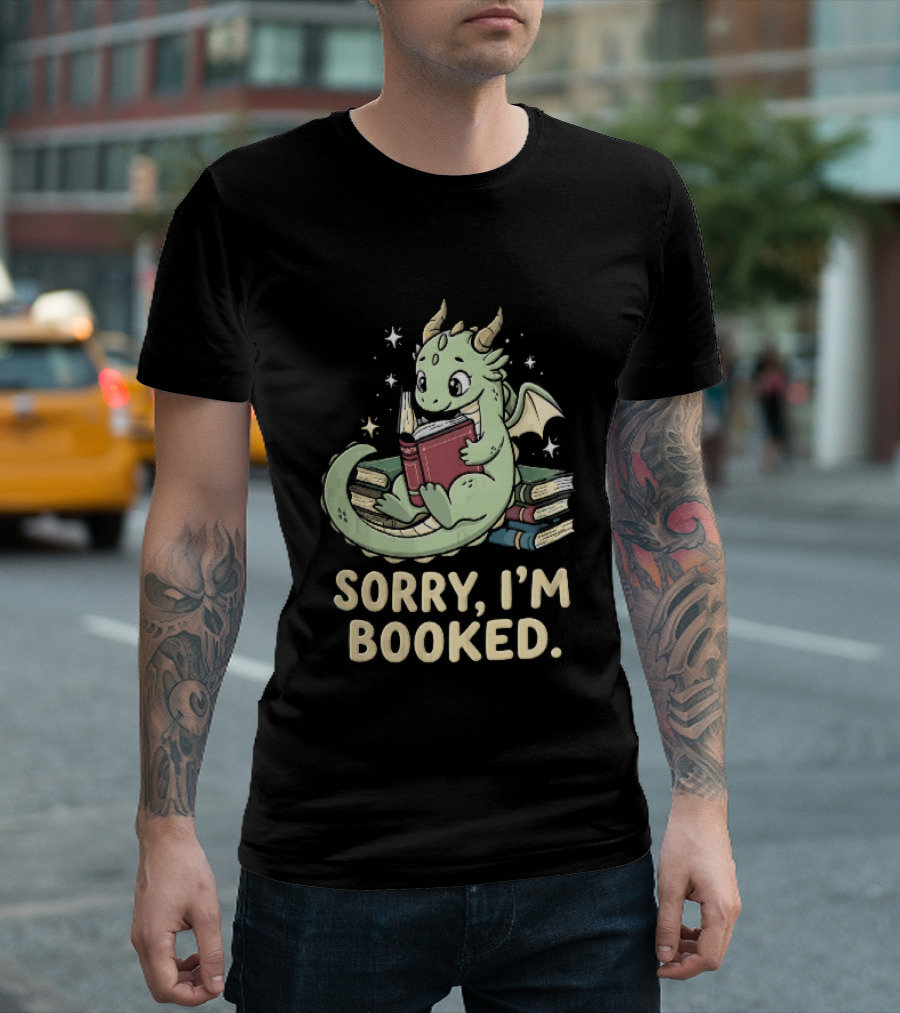 Sorry I'm Booked Cartoon Green Dragon Reading Book With Stars T-Shirt