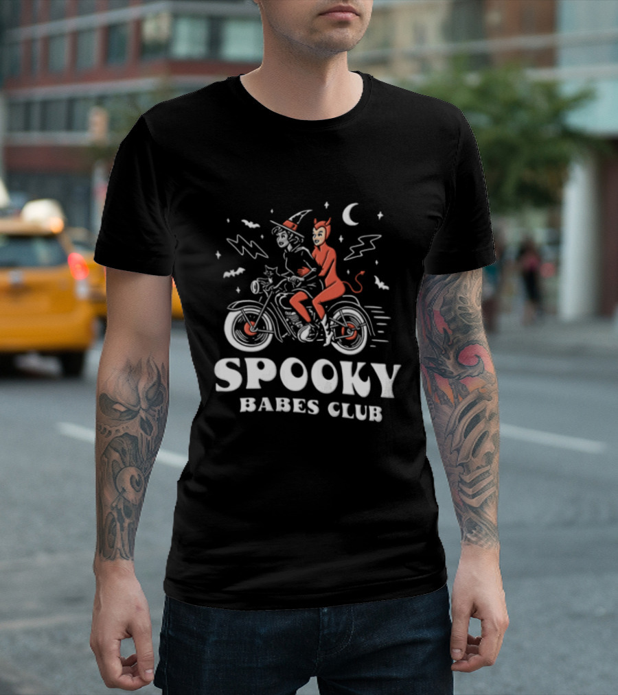 Spooky Babes Club Halloween Witch And Devil Motorcycle Riding T-Shirt