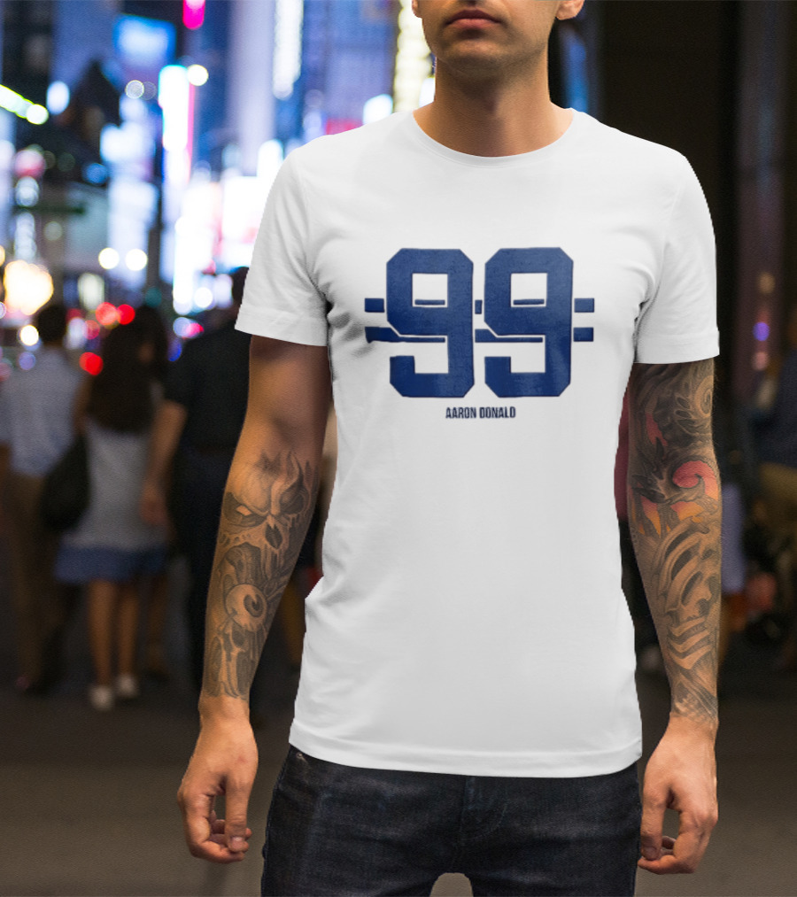 Aaron Donald 99 Blue Jersey Number Block Lettering Horizontal Stripes T-Shirt