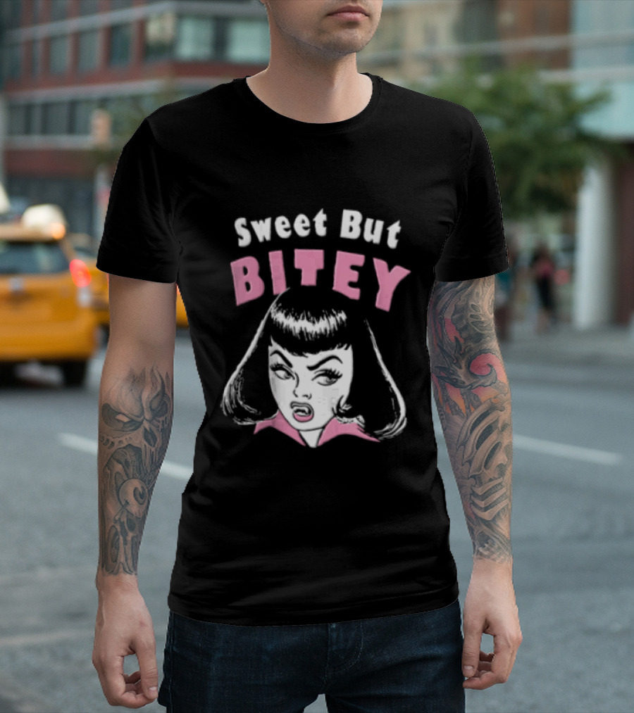 Sweet But Bitey Cartoon Vampire Bangs Graphic Fangs T-Shirt