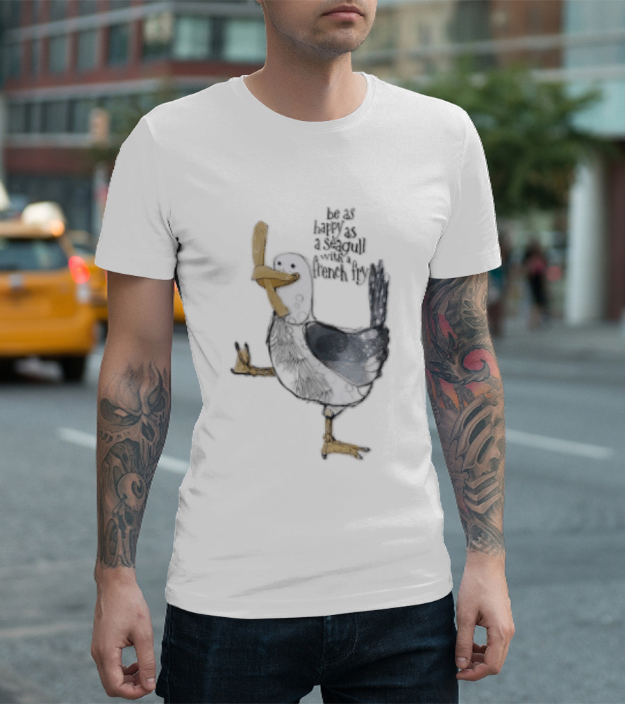Be As Happy As A Seagull With French Fry Cartoon Bird Holding Yellow Food T-Shirt