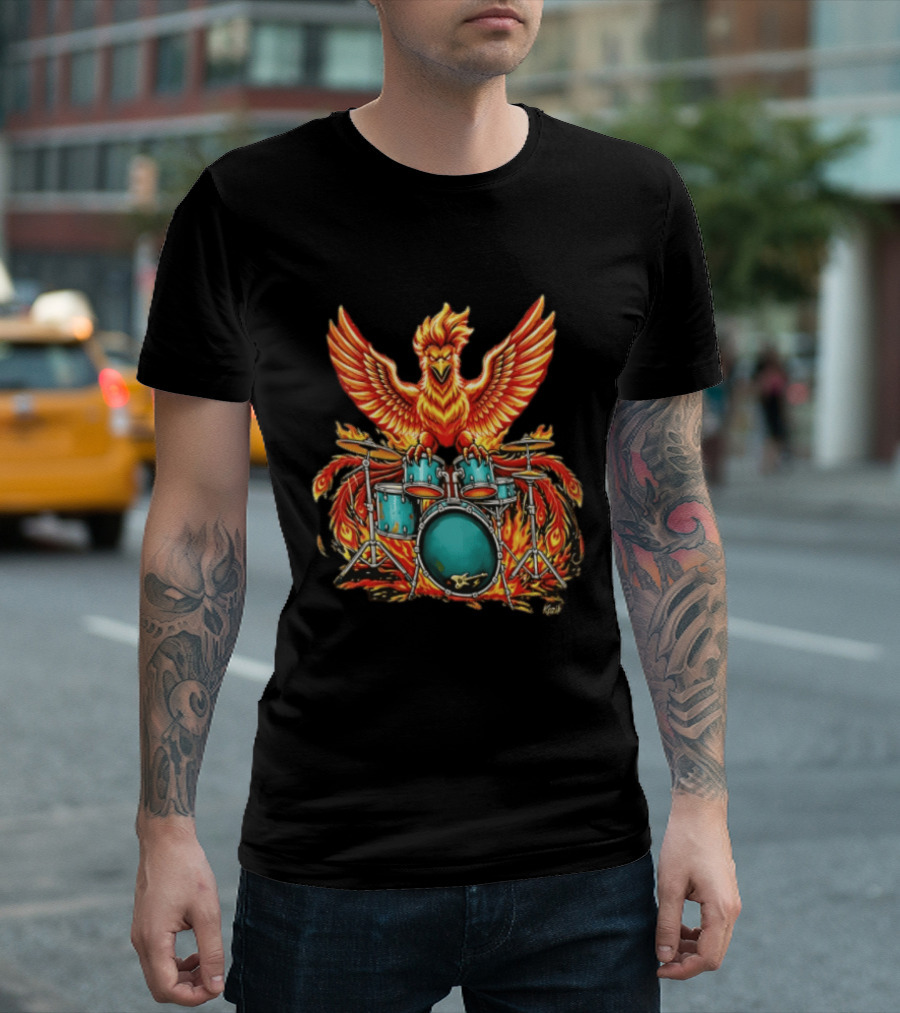 Kozik Phoenix Drummer Rock Drums Fiery Percussion Mythical Bird T-Shirt