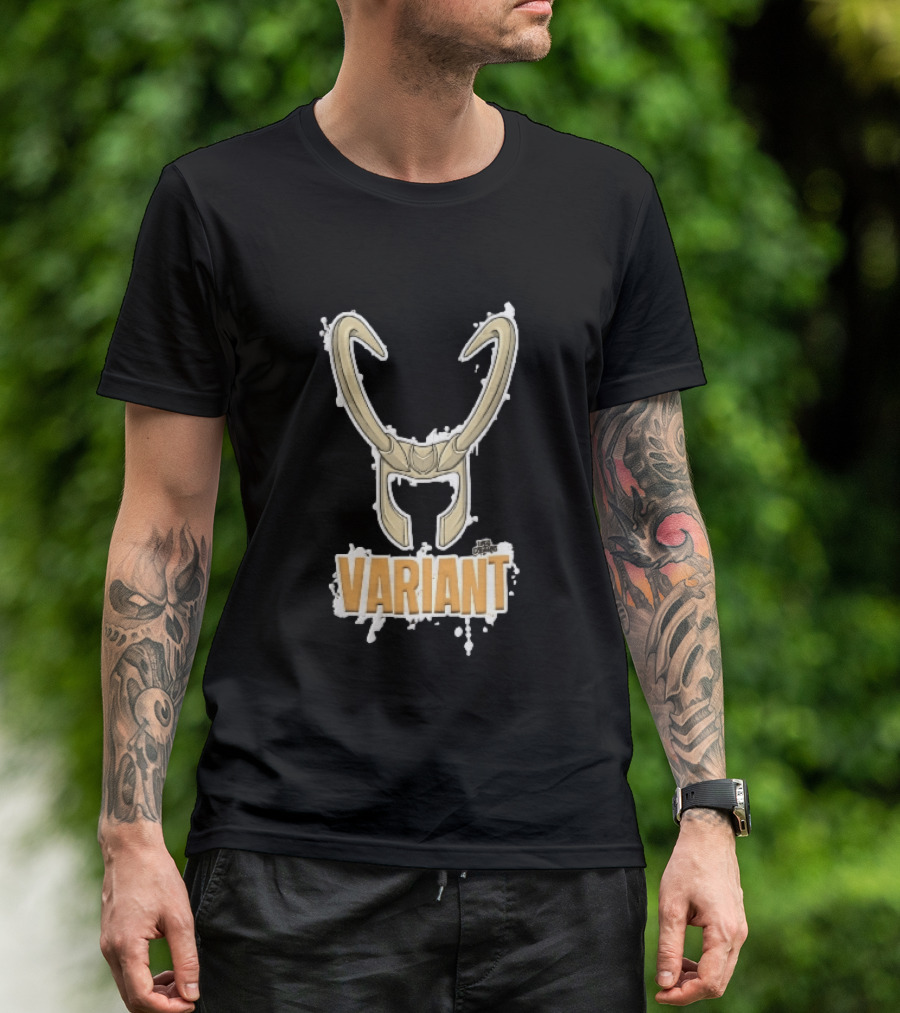 Variant Loki Horned Helmet Golden Horns White Paint Splatter Grunge Cartoon T-Shirt