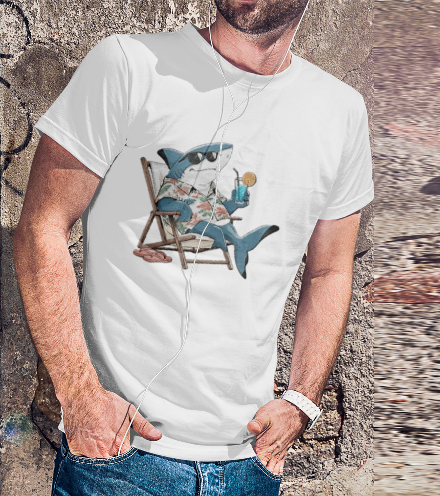Shark Relaxing In Lounge Chair With Tropical Drink Hawaiian T-Shirt
