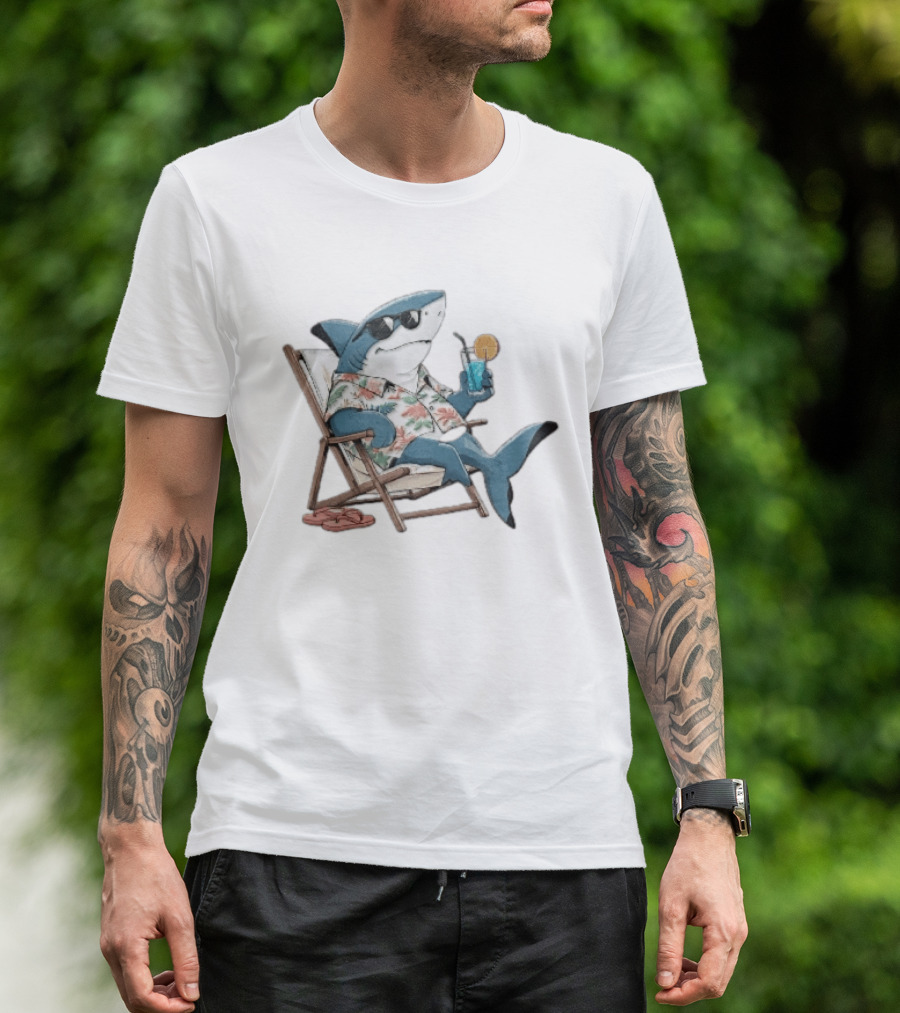 Shark Relaxing In Lounge Chair With Tropical Drink Hawaiian T-Shirt