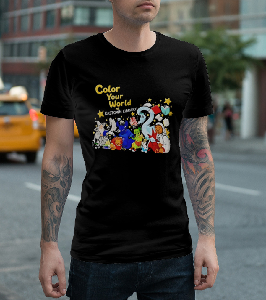 Color Your World At Kastown Library With Reading Books And Vibrant Characters T-Shirt