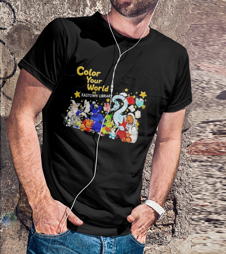 Color Your World At Kastown Library With Reading Books And Vibrant Characters T-Shirt