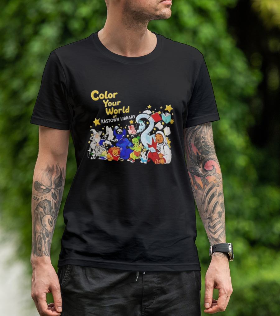 Color Your World At Kastown Library With Reading Books And Vibrant Characters T-Shirt