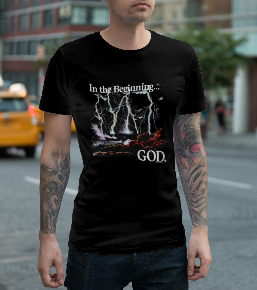 In The Beginning God Lightning Bolts Crashing Waves Rocky Shore T-Shirt