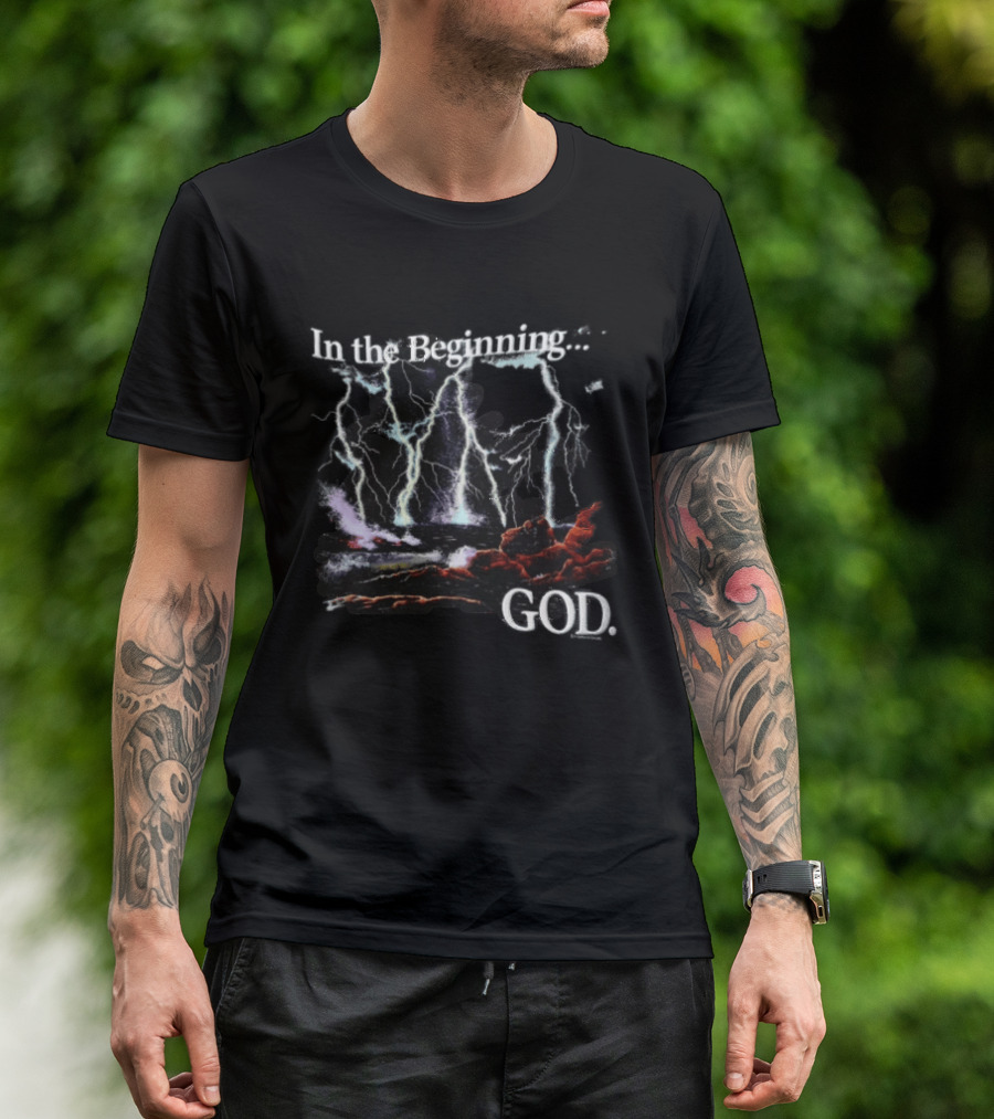In The Beginning God Lightning Bolts Crashing Waves Rocky Shore T-Shirt