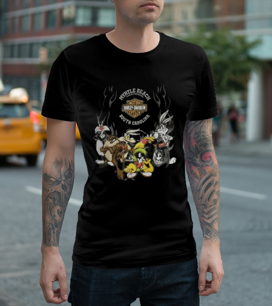 Myrtle Beach Harley Davidson Motor Cycles South Carolina Looney Tunes Bugs Bunny Daffy Duck Taz Sylvester Wile E Coyote T-Shirt