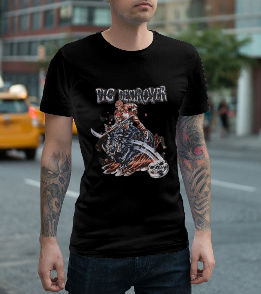 Pig Destroyer Skeleton Hockey Player Riding Wild Boar Skull Puck T-Shirt