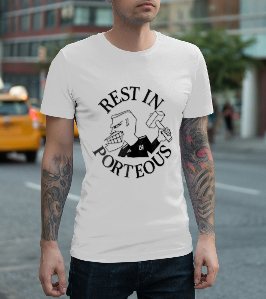 Rest In Porteous Cartoon Caricature Man Holding Hammer T-Shirt