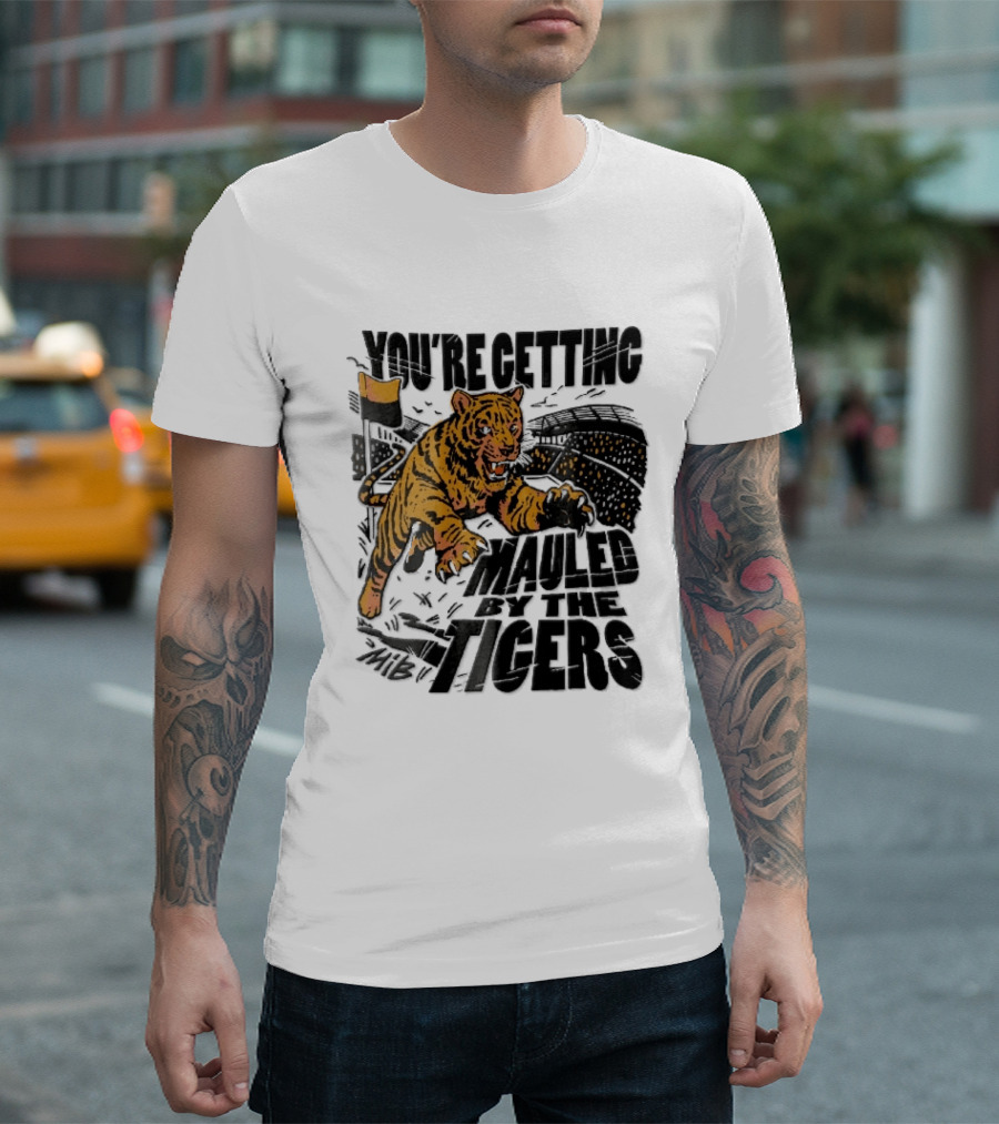 You're Getting Mauled By The Tigers Leaping Aggressive Stadium Crowd Corner Flag Woodcut T-Shirt