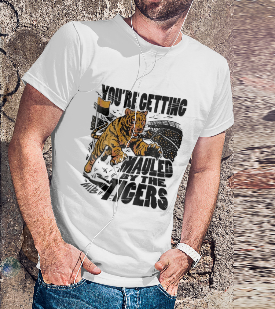 You're Getting Mauled By The Tigers Leaping Aggressive Stadium Crowd Corner Flag Woodcut T-Shirt