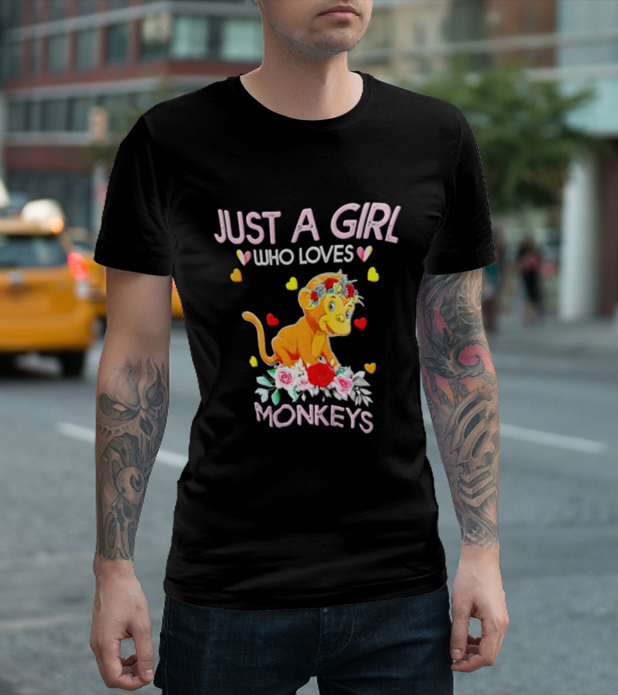Just A Girl Who Loves Monkeys With Hearts And Flowers T-Shirt