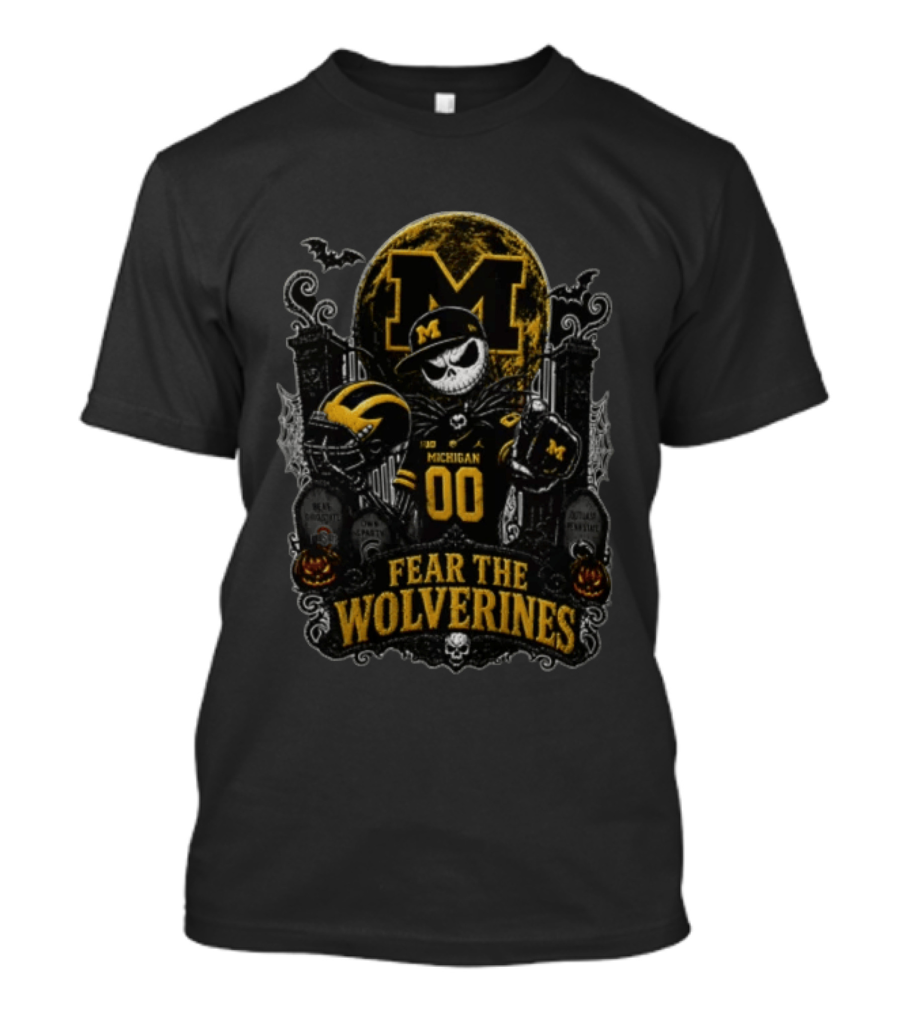 Fear The Michigan Wolverines Jack Skellington Halloween Skeleton Graveyard Tombstones Pumpkins Bats T-Shirt