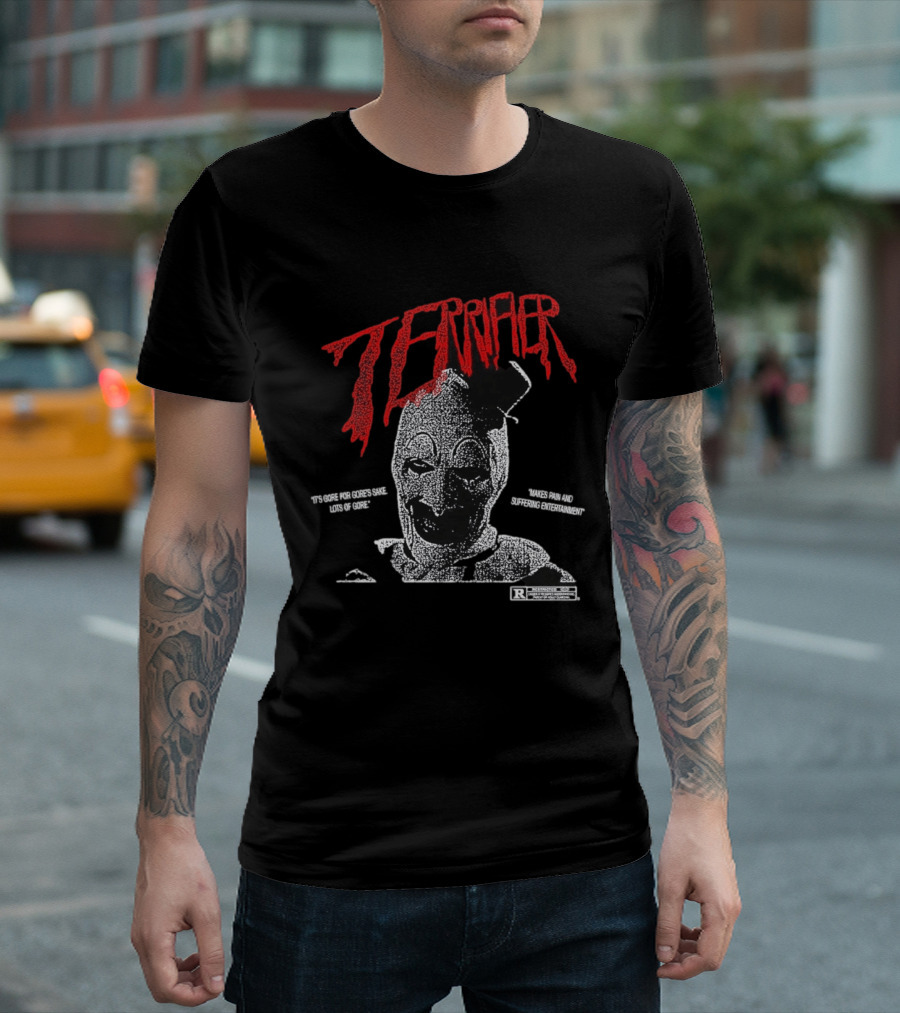 Terrifier Official Art Clown Grim Imagery Horror Cult Video Nsfw Warning T-Shirt