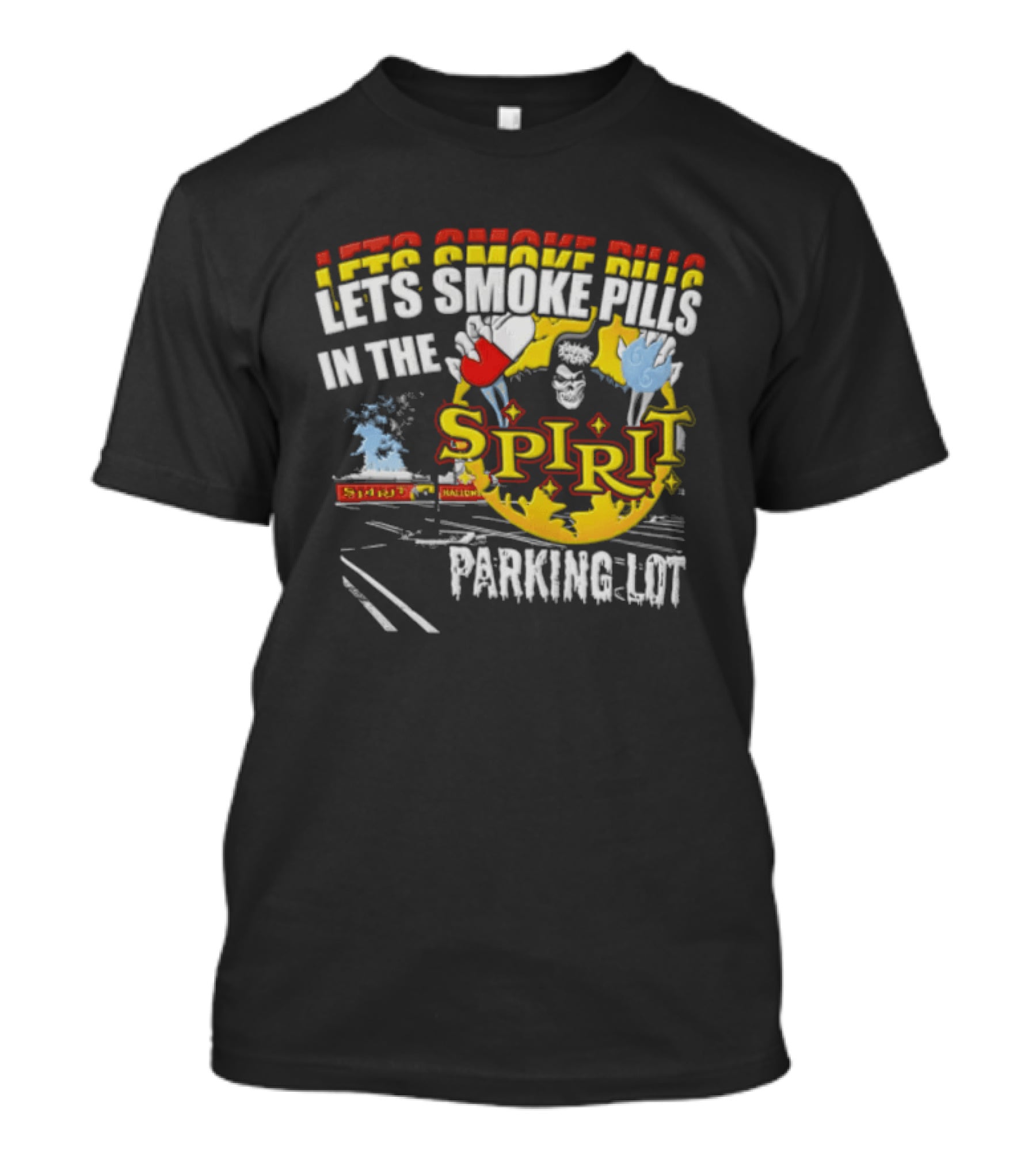 Let's Smoke Pills In The Spirit Halloween Parking Lot Grim Reaper Skeleton Holding Capsule Yellow Flames T-Shirt
