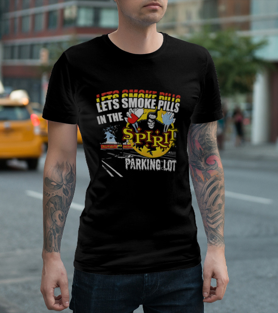 Let's Smoke Pills In The Spirit Halloween Parking Lot Grim Reaper Skeleton Holding Capsule Yellow Flames T-Shirt