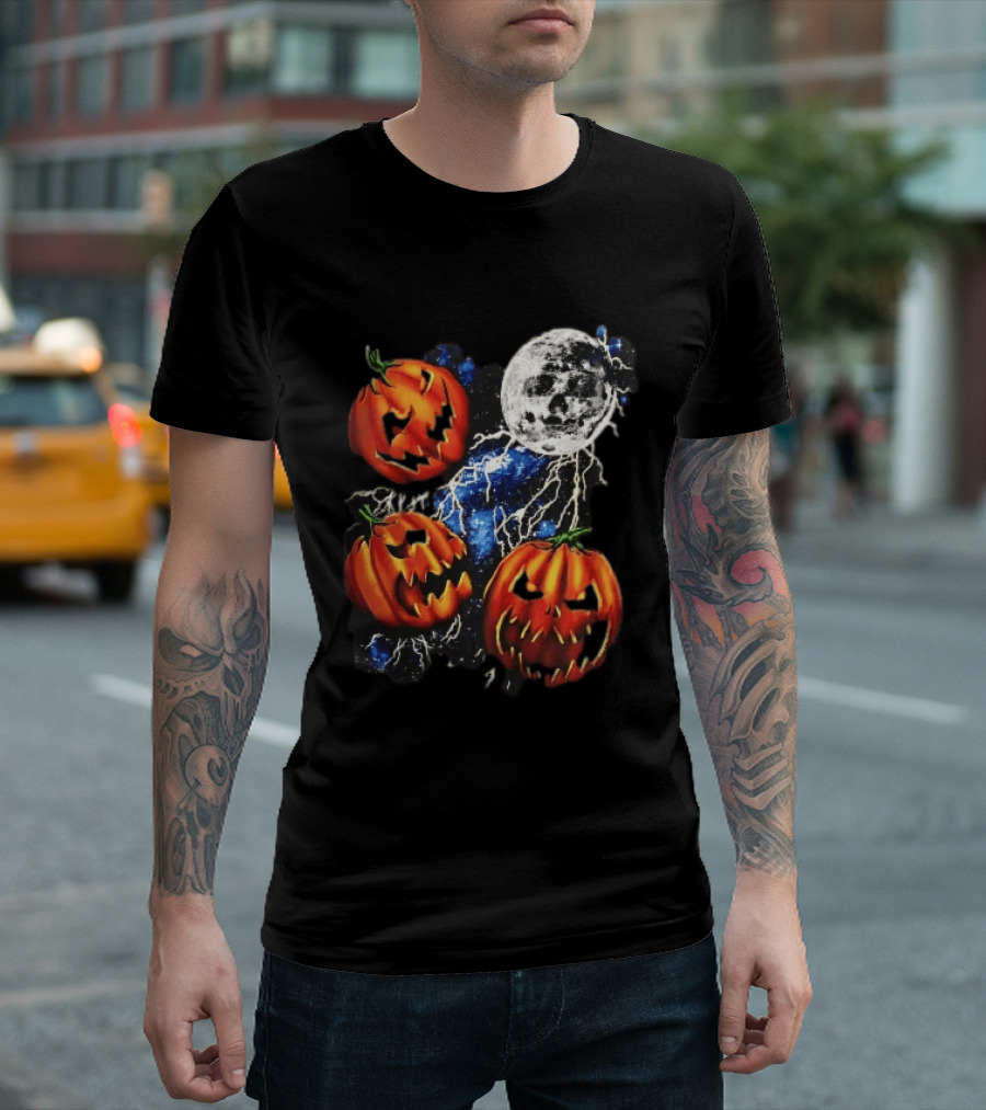 Halloween Pumpkins Skull Moon Lightning T-Shirt