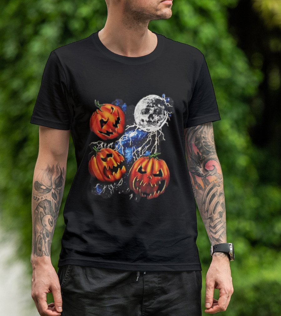 Halloween Pumpkins Skull Moon Lightning T-Shirt