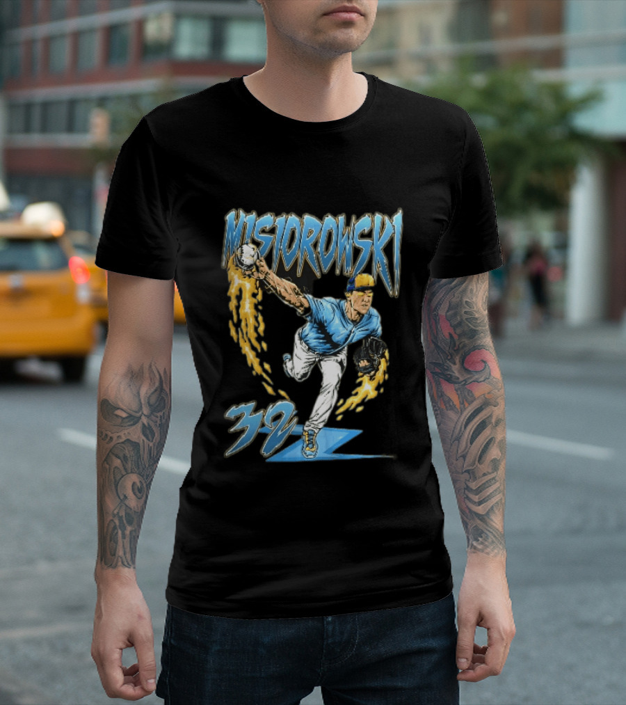 Misiorowski 32 Baseball Pitcher Throwing Flaming Ball In Action T-Shirt