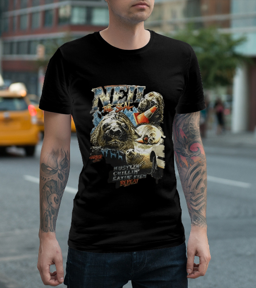 Neil The Seal Hustler Chillin Eating Fish Harbor Animal Warning Cone Repeat T-Shirt