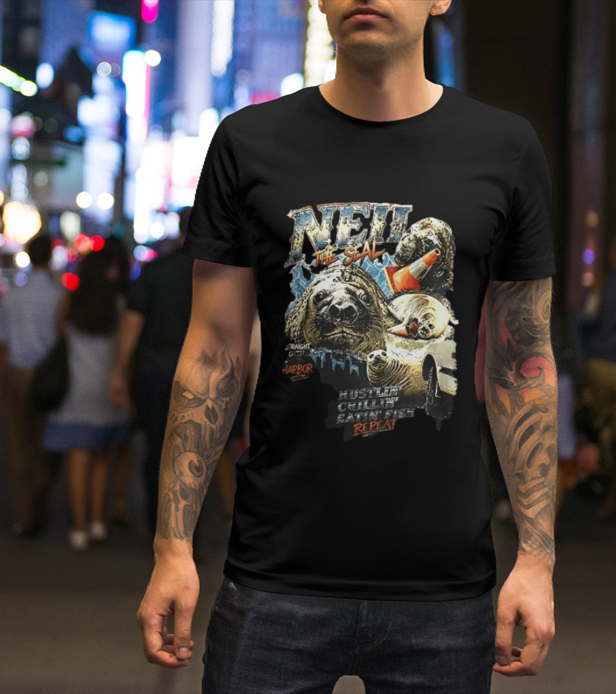 Neil The Seal Hustler Chillin Eating Fish Harbor Animal Warning Cone Repeat T-Shirt