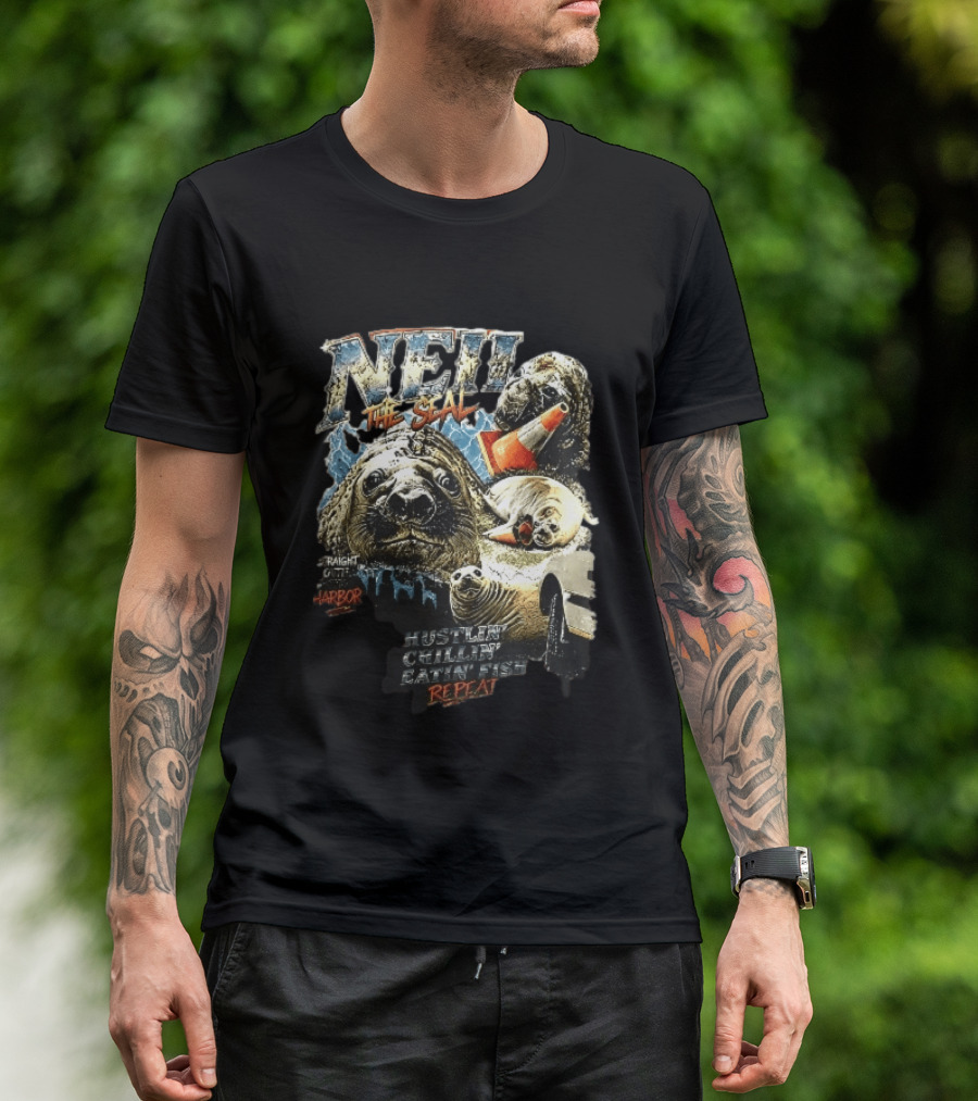 Neil The Seal Hustler Chillin Eating Fish Harbor Animal Warning Cone Repeat T-Shirt