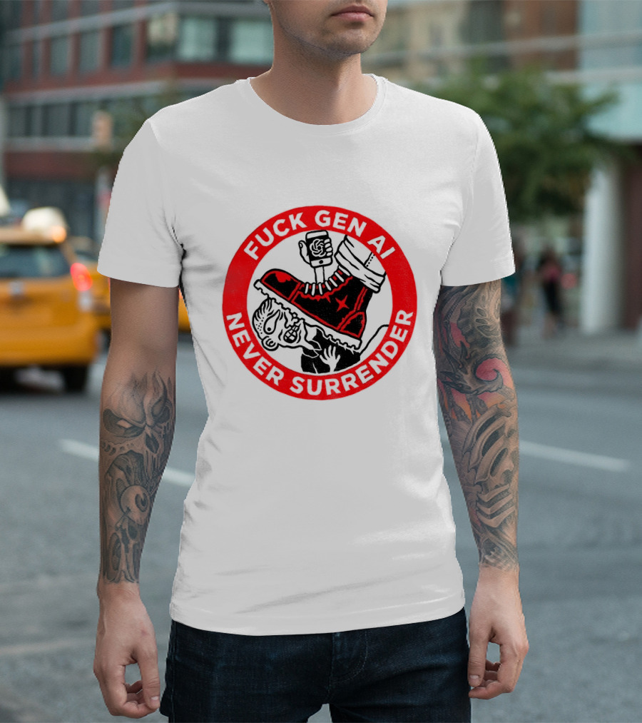 Fuck Gen AI Never Surrender Boot And Fist Circle T-Shirt