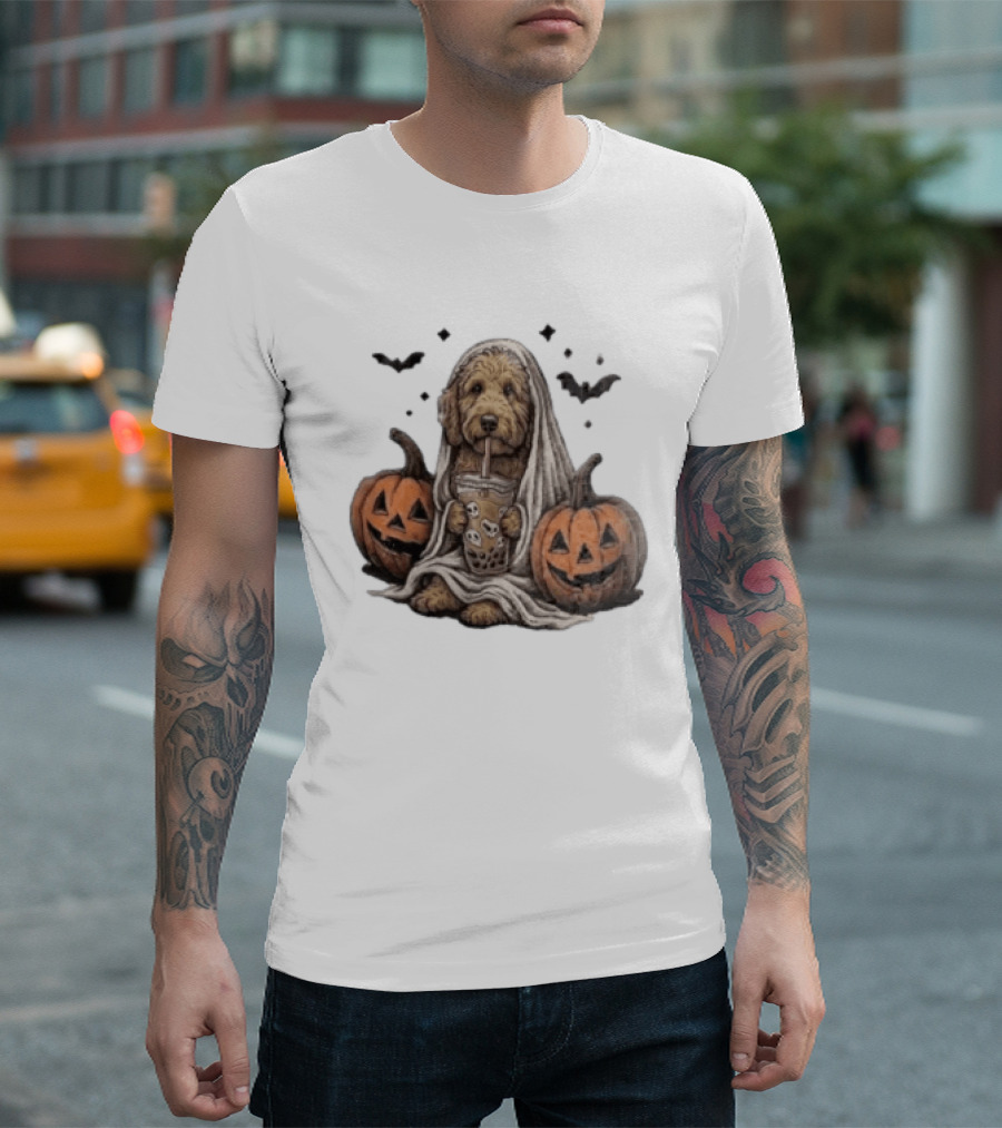 Goldendoodle Ghost With Boba Halloween Jack O'Lanterns And Bats T-Shirt