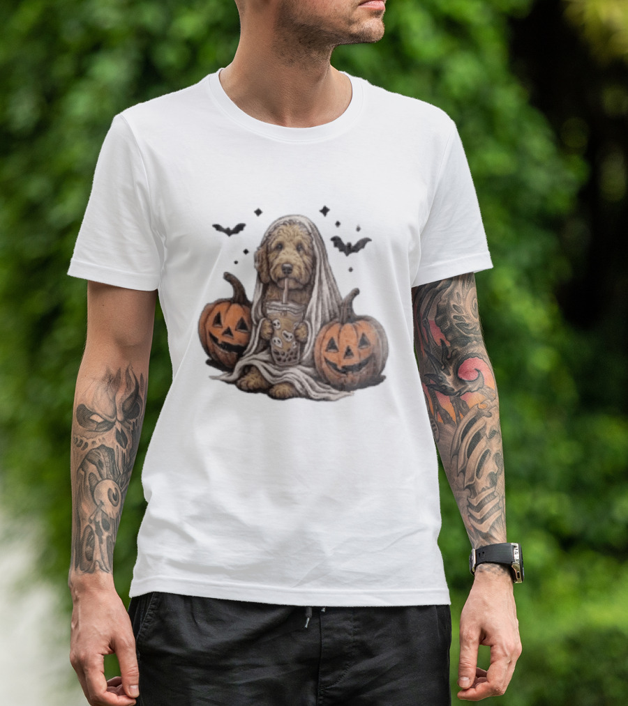 Goldendoodle Ghost With Boba Halloween Jack O'Lanterns And Bats T-Shirt
