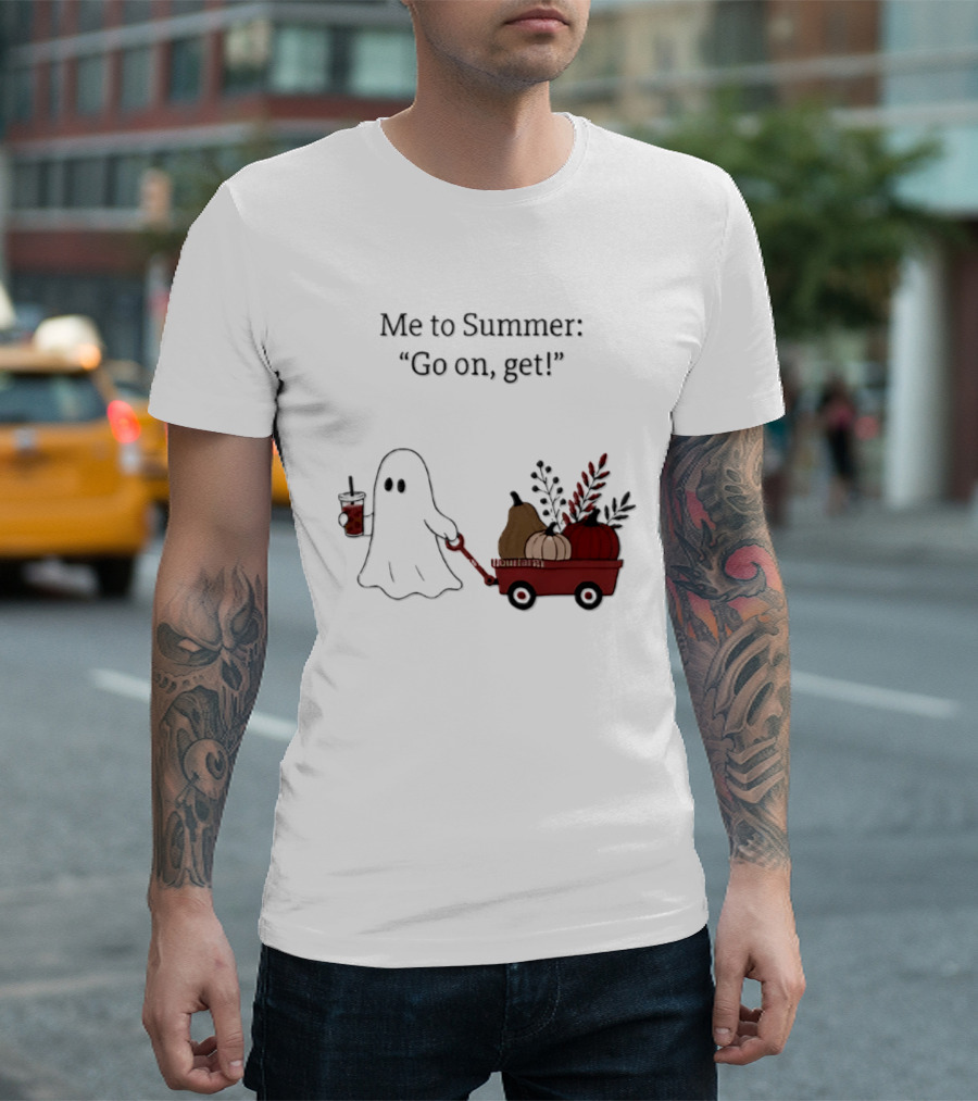 Me To Summer Go On Get Ghost With Pumpkin And Fall Leaves Wagon T-Shirt