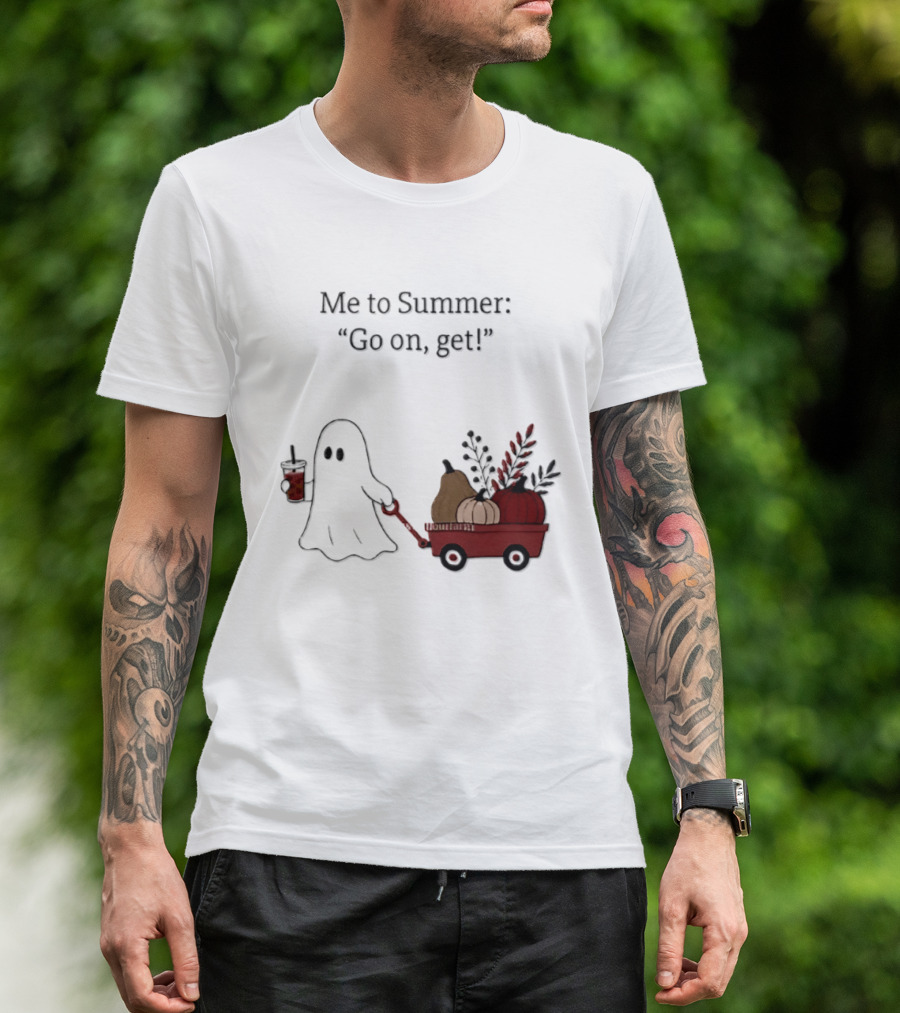 Me To Summer Go On Get Ghost With Pumpkin And Fall Leaves Wagon T-Shirt