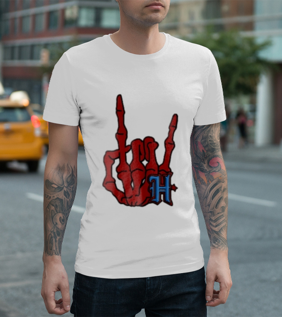 Red Skeleton Hand Sign With Blue H T-Shirt