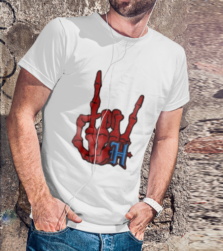 Red Skeleton Hand Sign With Blue H T-Shirt