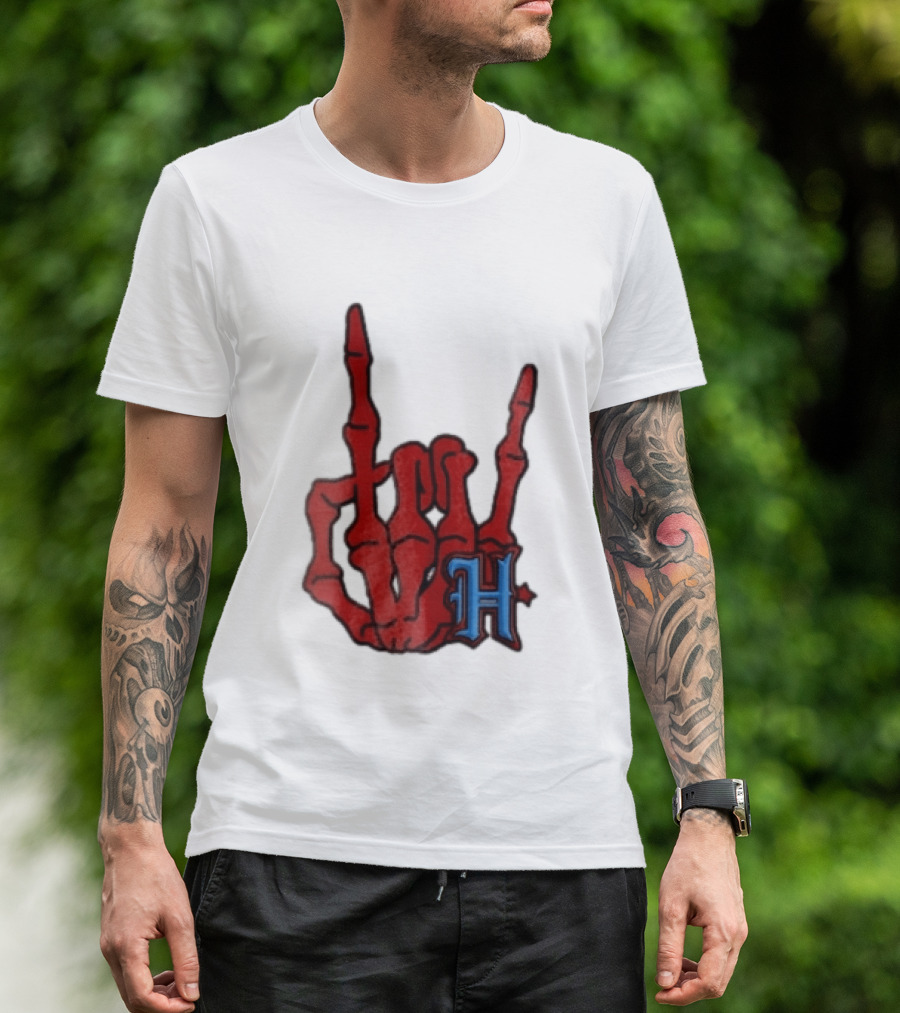 Red Skeleton Hand Sign With Blue H T-Shirt