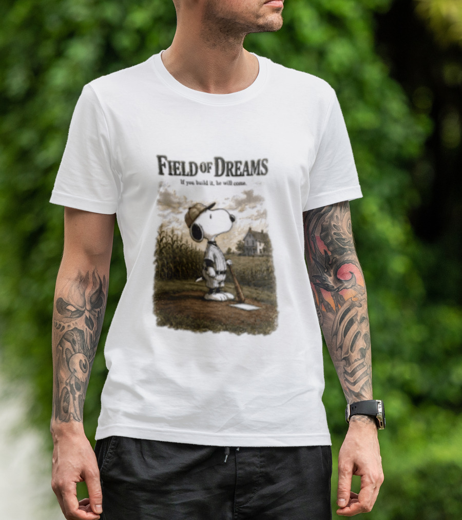 Snoopy Field Of Dreams If You Build It He Will Come Baseball Scene T-Shirt