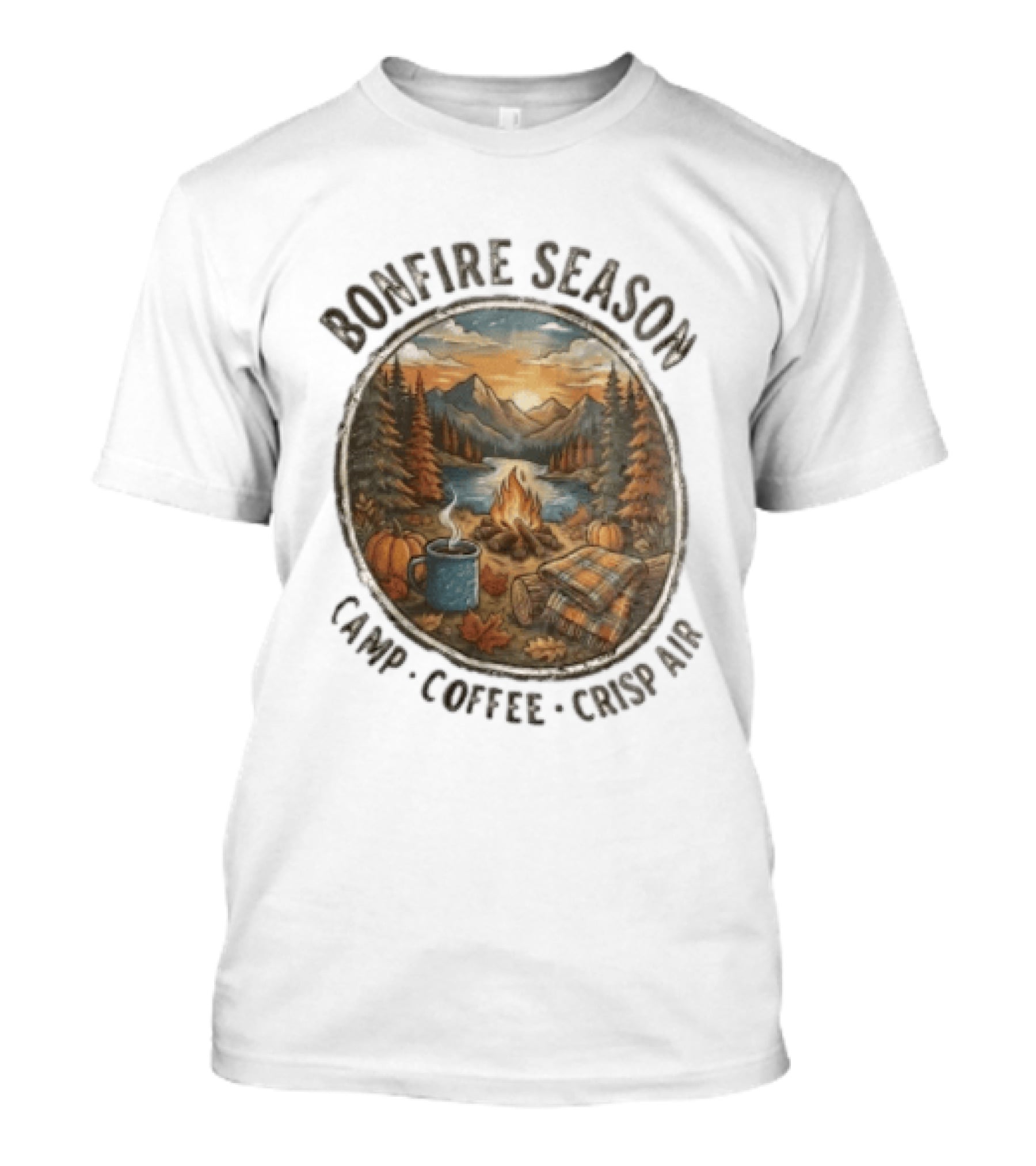 Bonfire Season Camp Coffee Crisp Air Scenic Autumn Mountains And Campfire T-Shirt