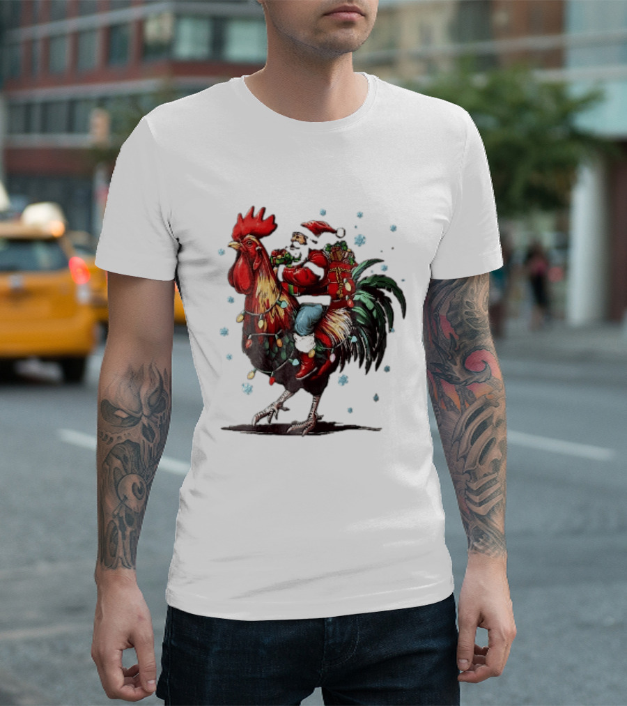 Caricature Santa Riding Rooster With Christmas Presents And Snowflakes T-Shirt