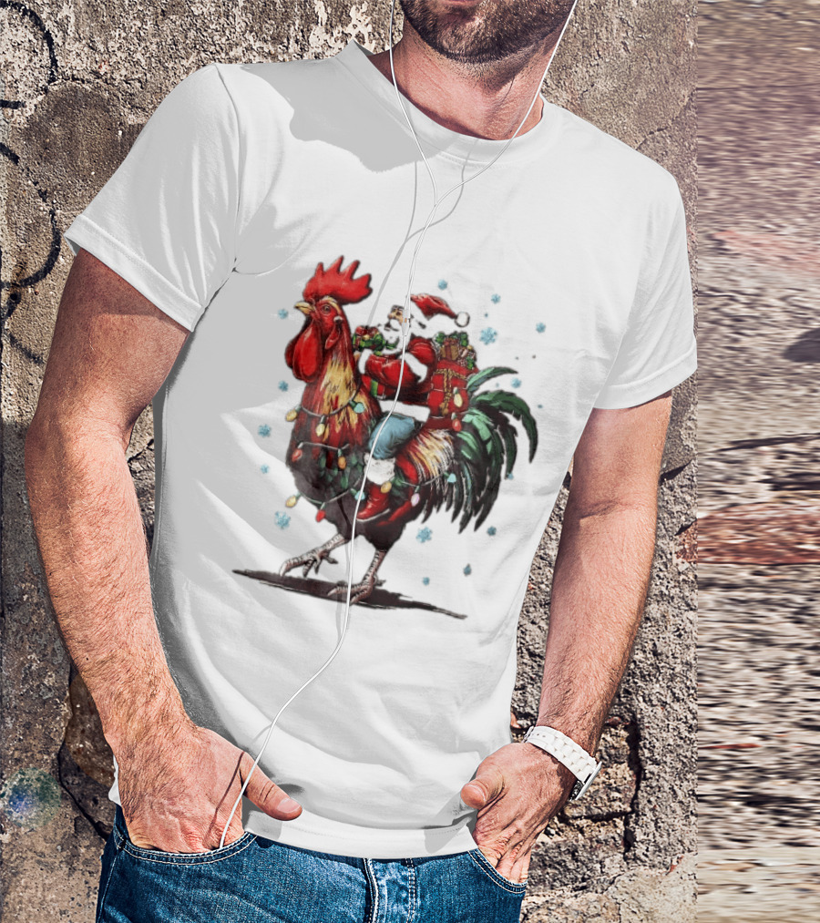 Caricature Santa Riding Rooster With Christmas Presents And Snowflakes T-Shirt