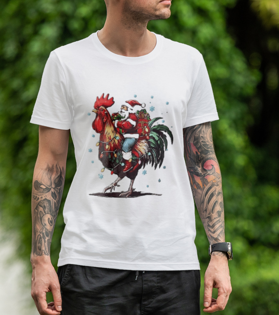 Caricature Santa Riding Rooster With Christmas Presents And Snowflakes T-Shirt