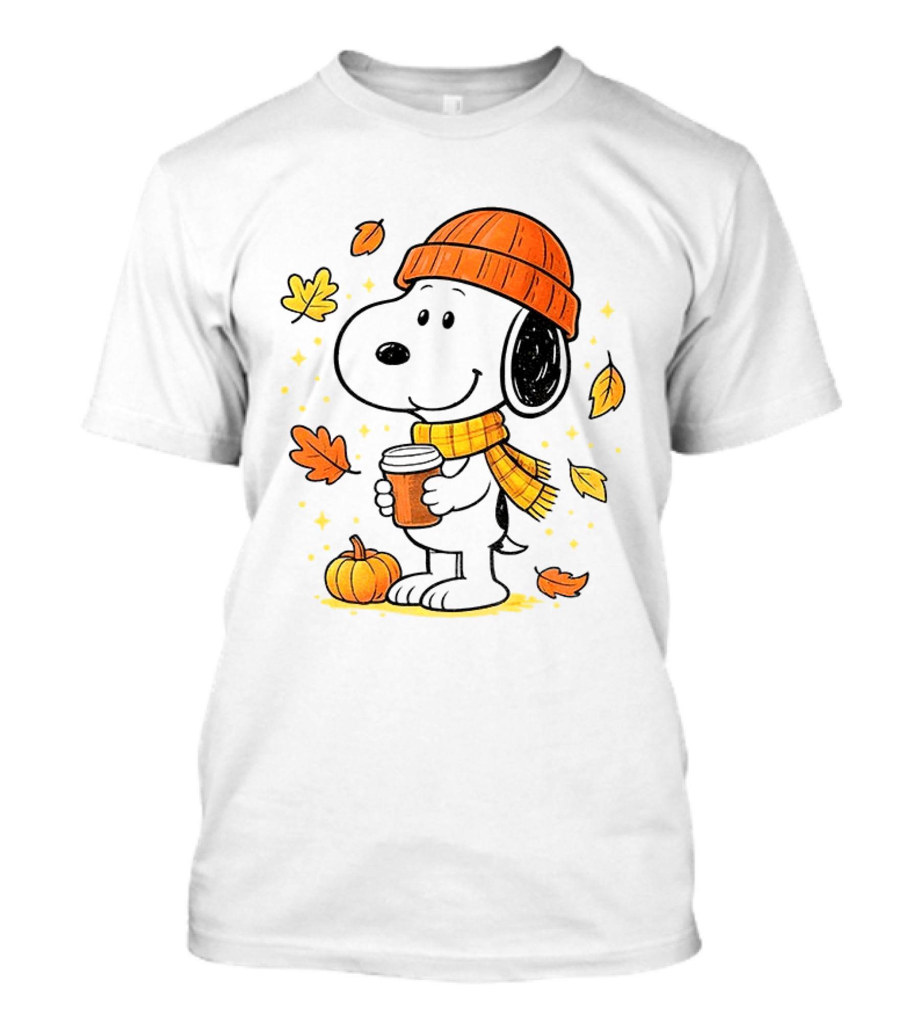 Snoopy Fall Autumn Coffee Pumpkin Leaves Warm Scarf Beanie Hat T-Shirt