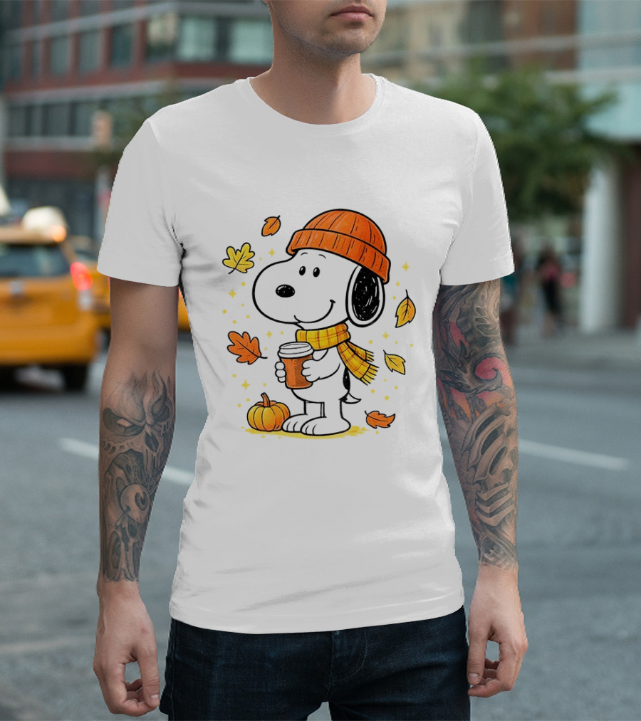 Snoopy Fall Autumn Coffee Pumpkin Leaves Warm Scarf Beanie Hat T-Shirt