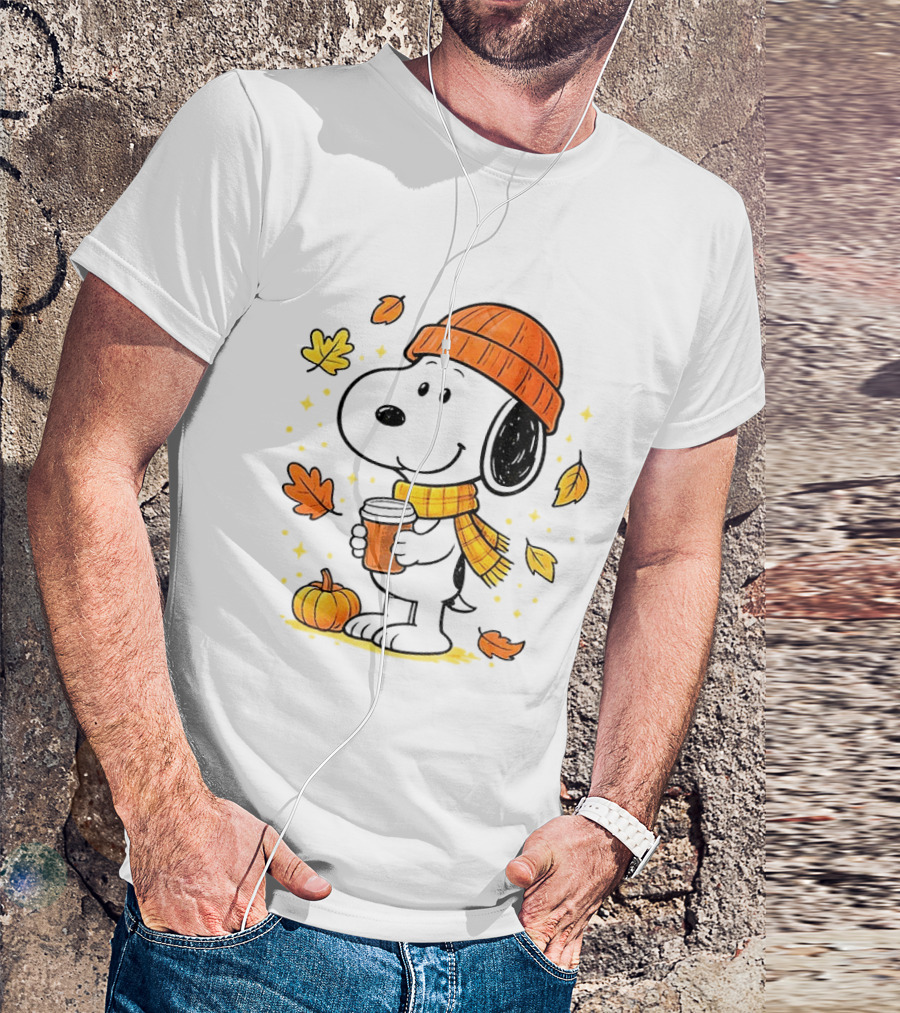 Snoopy Fall Autumn Coffee Pumpkin Leaves Warm Scarf Beanie Hat T-Shirt
