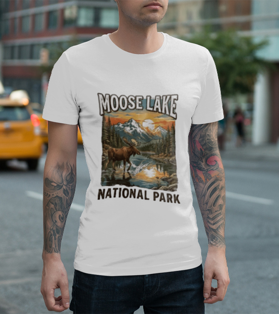 Moose Lake National Park Moose In Water Scenic Mountain Landscape T-Shirt