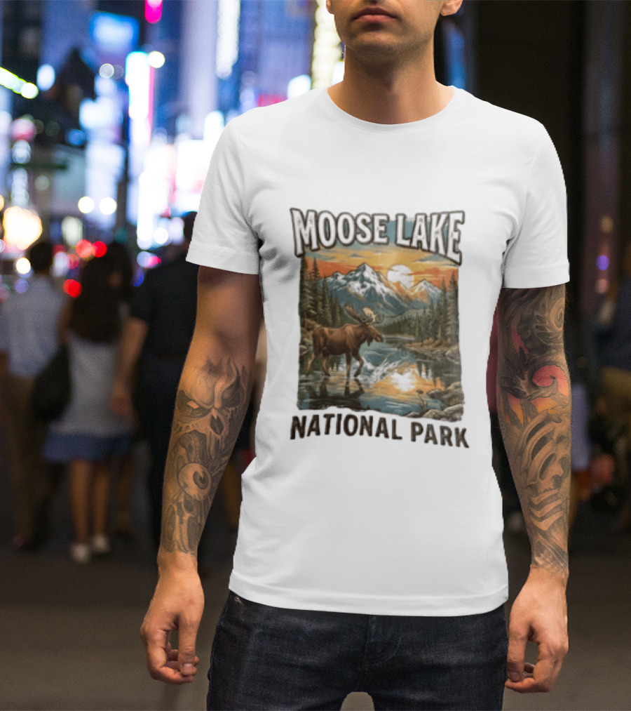 Moose Lake National Park Moose In Water Scenic Mountain Landscape T-Shirt