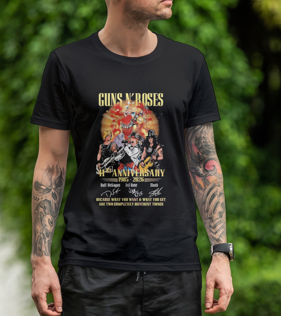 Guns N' Roses 41st Anniversary 1985 2026 Duff McKagan Axl Rose Slash Signatures T-Shirt