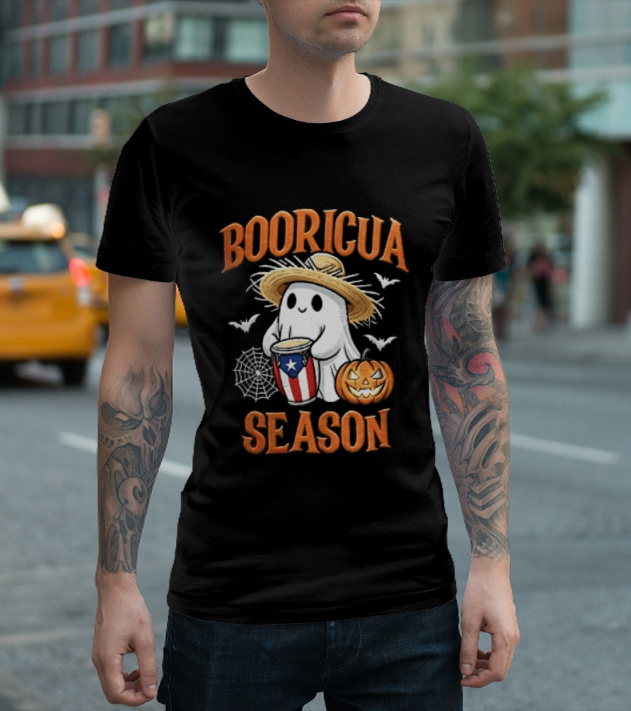 Booricua Season Ghost With Puerto Rico Flag Conga And Pumpkin T-Shirt